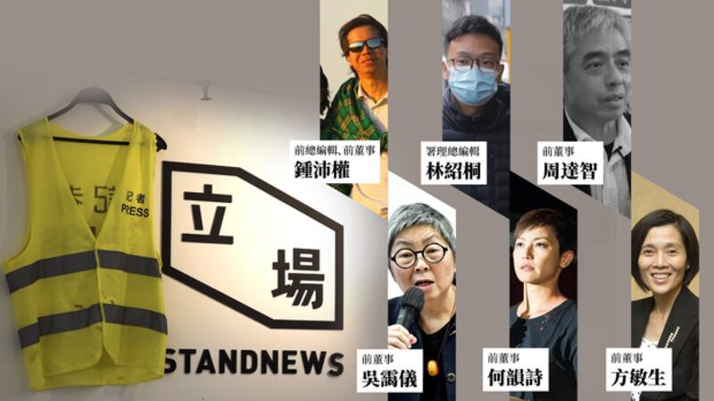 香港警方国安处2021年12月29日拘捕《立场新闻》六名现任或前任高层。(自由亚洲电台粤语组制图)